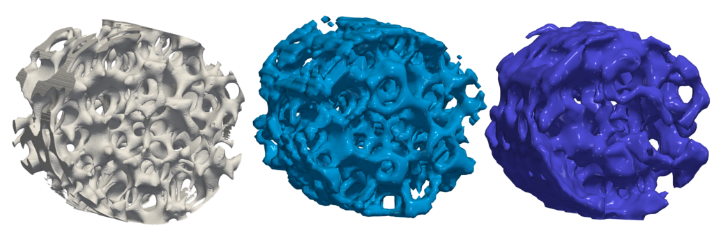 Three 3D reconstructions of a porous structure in white, light blue, and dark blue.