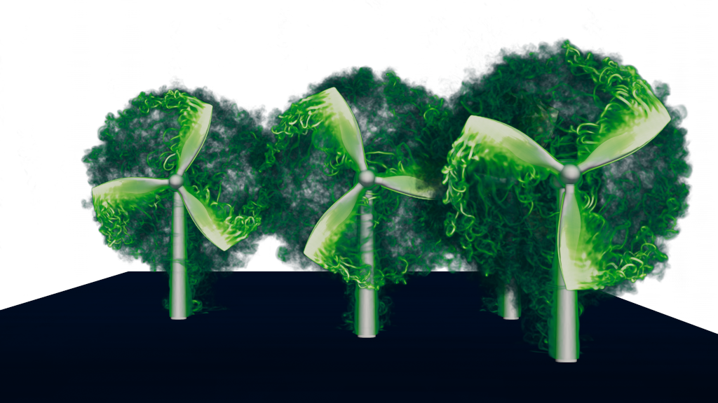 Drei Windkraftanlagen mit gr&uuml;nen Rotorbl&auml;ttern in einer Waldlandschaft, k&uuml;nstlerische Darstellung.